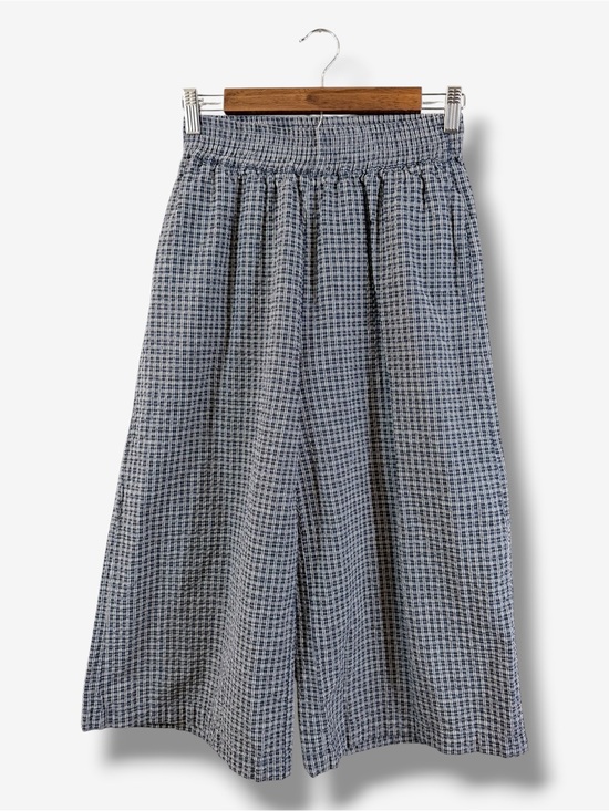 Mo:Vint Pants - Mo:Vint Wide Leg Cropped Pants Size S Blue White Micro Gingham Pull On Waist